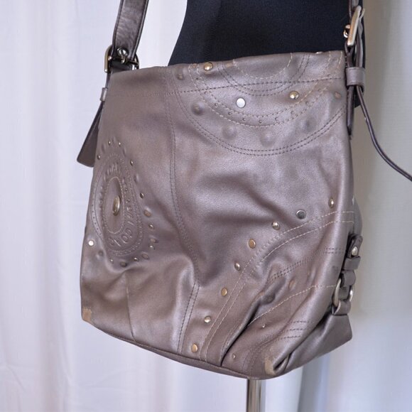 Coach F16178 Gunmetal Metallic Crossbody Leather Slouchy Purse with Studs - Picture 2 of 11